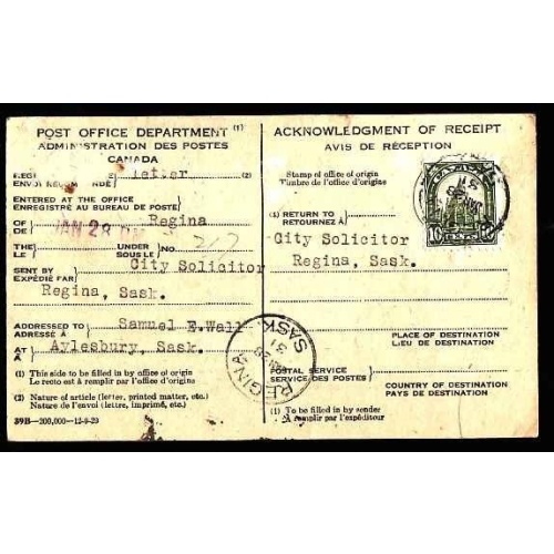 Canada-cover #12372 - 10c Library on AR card-Regina,Sask-Jan 28 1931-