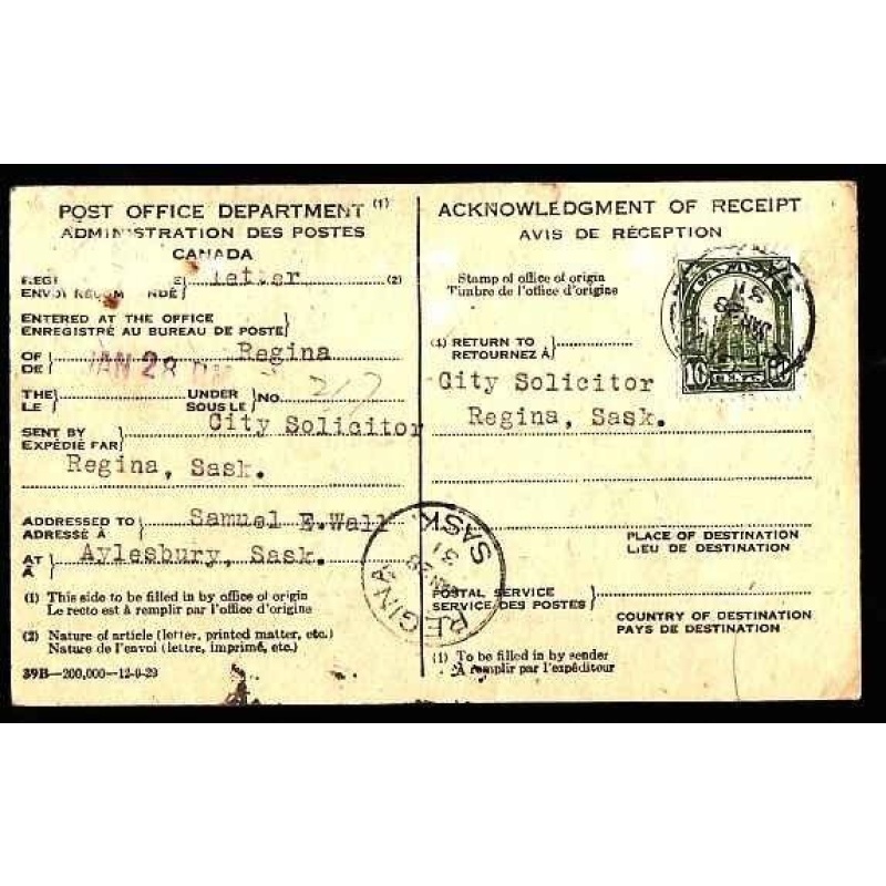 Canada-cover #12372 - 10c Library on AR card-Regina,Sask-Jan 28 1931-