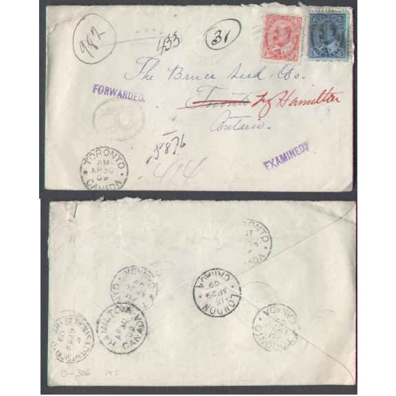 Canada-cover #5951-2c+5c regd-Lambton Cty-Brigden,Ont-Forwarded,Examined