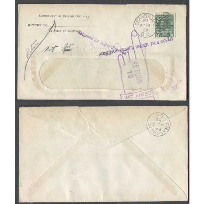 Canada-cover #4640-2c (booklet stamp)-Cranbrook,BC-Ap 26 1928-B/S Cranbro