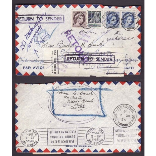 Canada-cover #14082-4c+1c+5c(2)-airmail-France-Victoria Beach,Man-9 Au 1954-