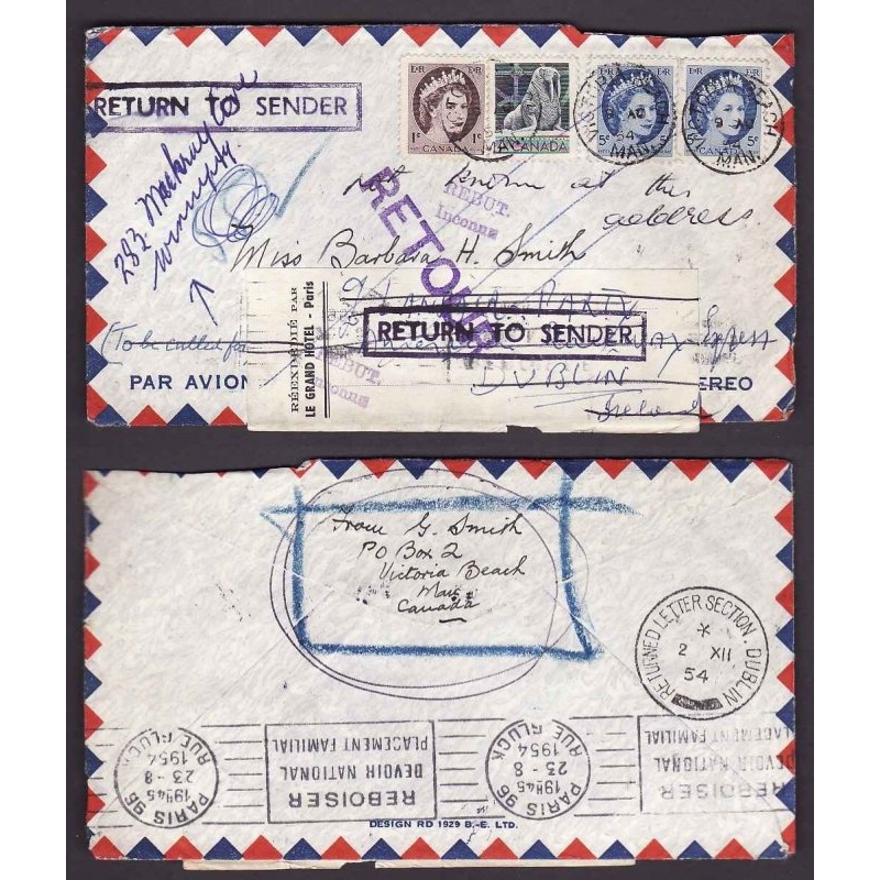Canada-cover #14082-4c+1c+5c(2)-airmail-France-Victoria Beach,Man-9 Au 1954-
