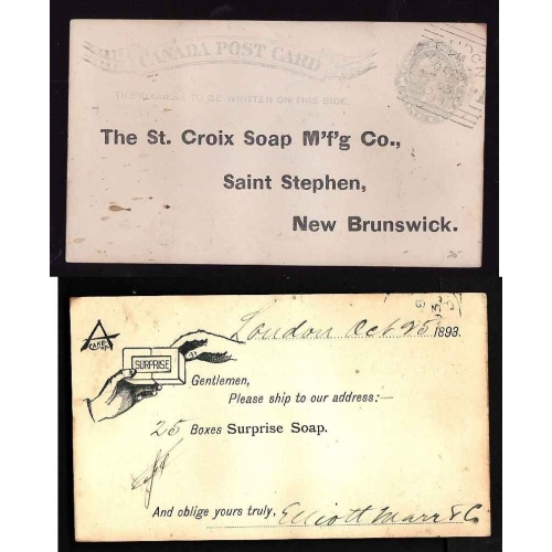 Canada-cover #14320-1c QV ad p/c-London Ont-Oc 26 1893-Surprise Soap-