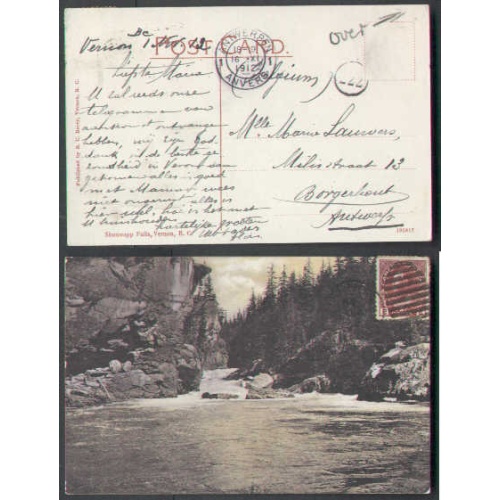Canada-cover #4425-2c p/c-Vernon,BC-No 2 1912-2c UPU p/c rate-Belgium-Shuswapp Falls
