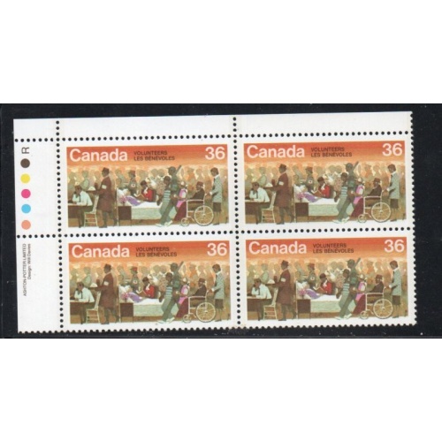 Canada Sc 1132 1987 36c Volunteers stamp UL Inscription Bl of 4 mint NH