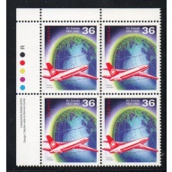 Canada Sc 1145 1987 36c Air Canada Anniversary stamp UL Inscription Bl of 4 mint NH