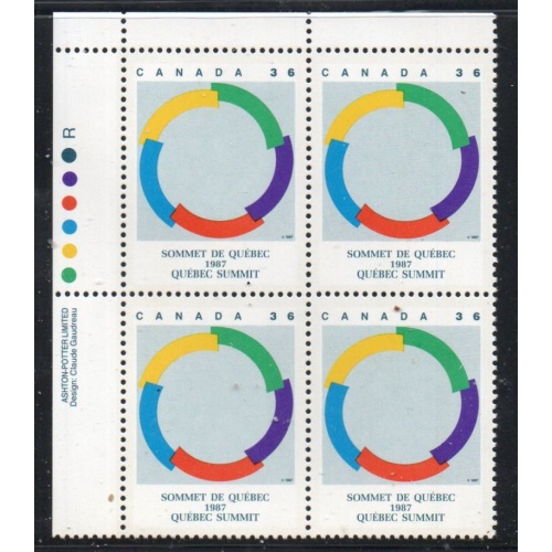 Canada Sc 1146 1987 36c Quebec Summit stamp UL Inscription Bl of 4 mint NH