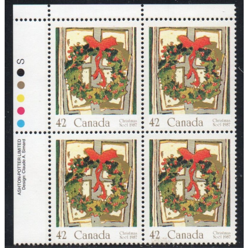 Canada Sc 1149 1987 42c Christmas stamp UL Inscription Bl of 4 mint NH