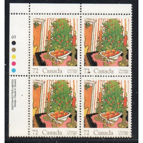 Canada Sc 1150 1987 72c Christmas stamp UL Inscription Bl of 4 mint NH