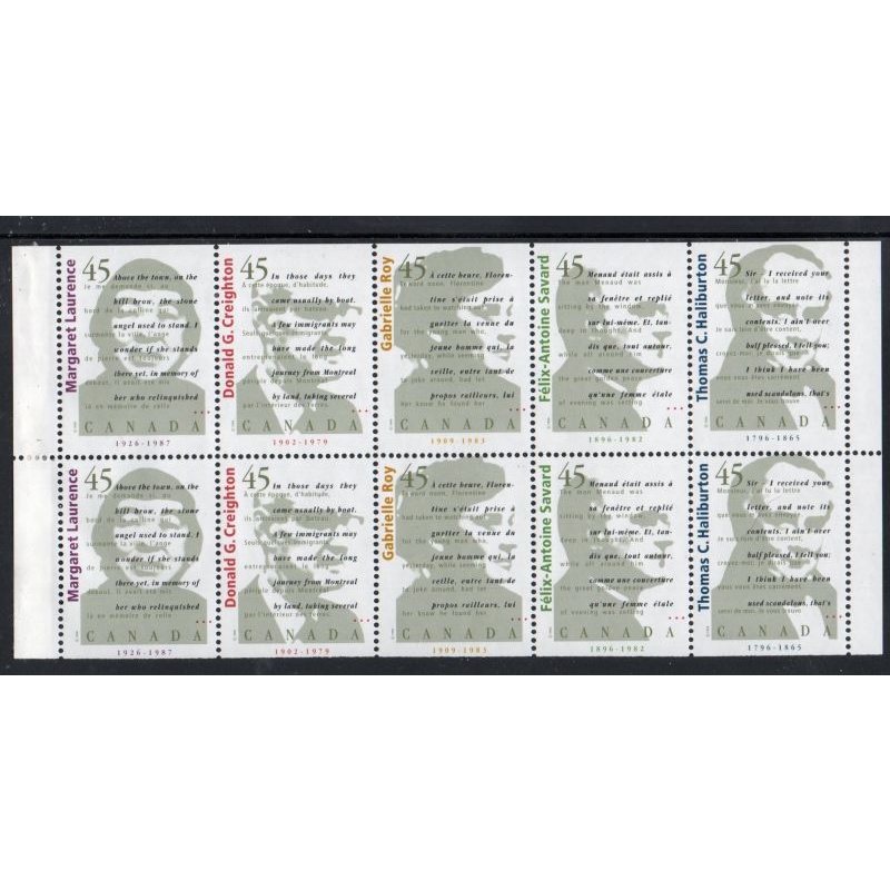 Canada Sc 1626b 1996 Canadian Authors stamp booklet pane mint NH