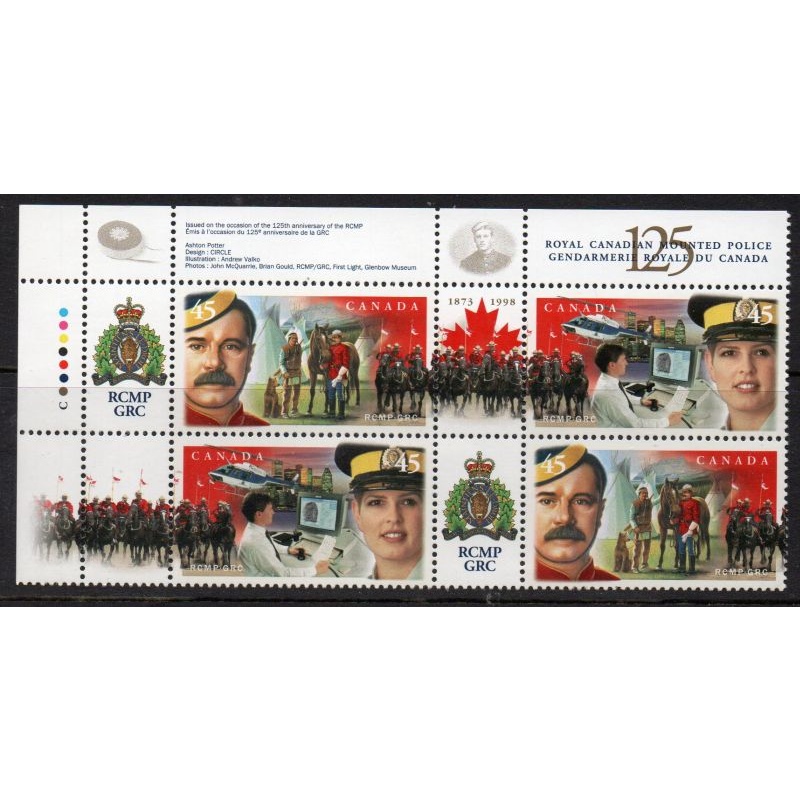 Canada Sc 1737a 1998 RCMP Anniversary UL Inscription block of 4 mint NH