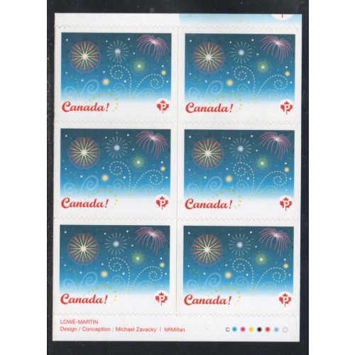 Canada Sc 2259a 2008 "P" Fireworks stamp booklet pane of 6  mint NH