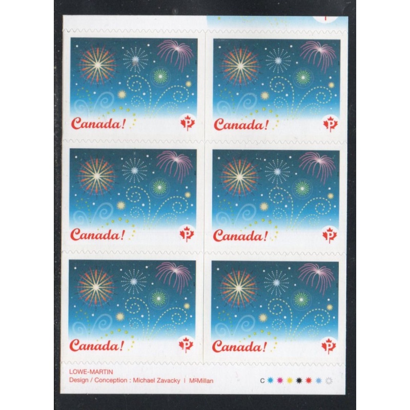 Canada Sc 2259a 2008 "P" Fireworks stamp booklet pane of 6  mint NH