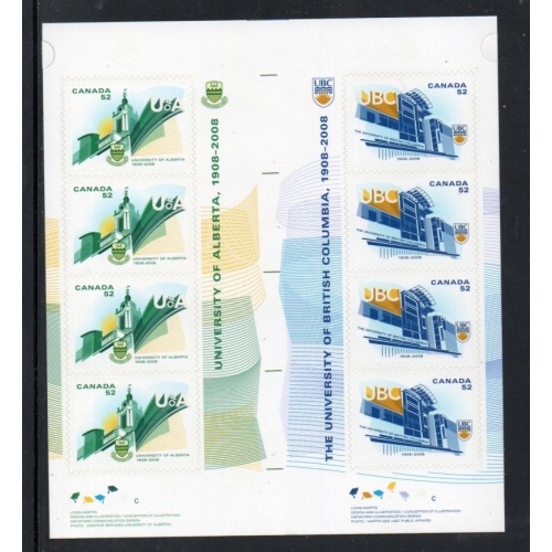 Canada Sc2264b 2008 52 c University of Alberta & U of B.C. stamp booklet pane mint NH with gutter