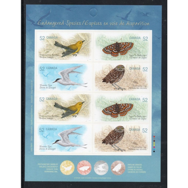 Canada Sc 2289b 2008 52 c Endangered Species stamp booklet pane of 8  mint NH