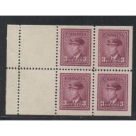 Canada Sc 252a 1943 3c rose violet G VI booklet pane of 4 mint