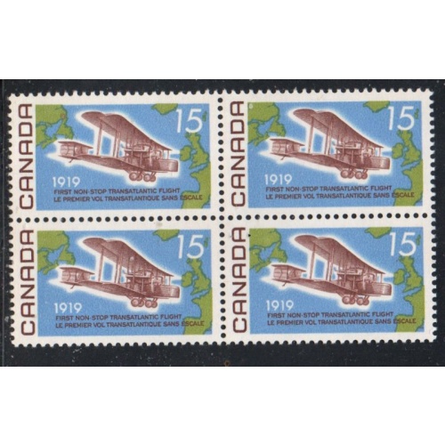 Canada Sc 494 1969 15c Alcock-Brown Flight stamp block of 4 VF mint NH