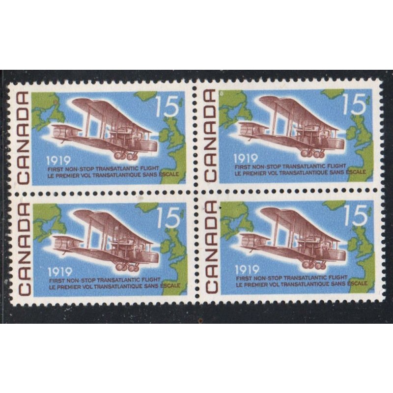 Canada Sc 494 1969 15c Alcock-Brown Flight stamp block of 4 VF mint NH