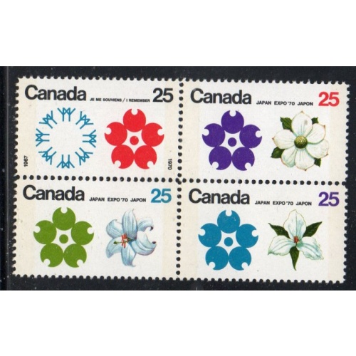 Canada Sc 508p-11p 1970 25c Osaka Expo tagged stamp block of 4 VF mint NH