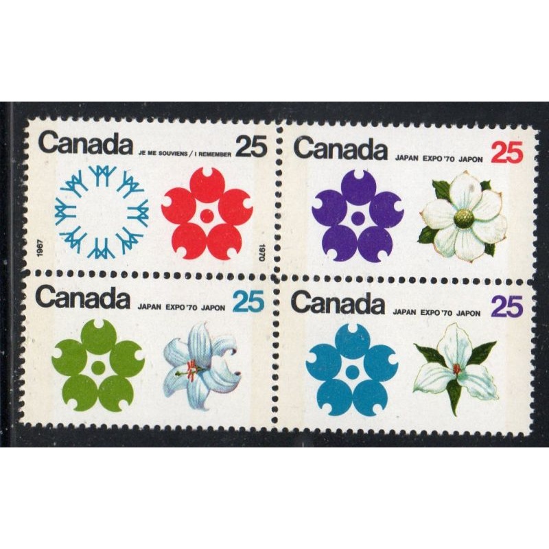 Canada Sc 508p-11p 1970 25c Osaka Expo tagged stamp block of 4 VF mint NH