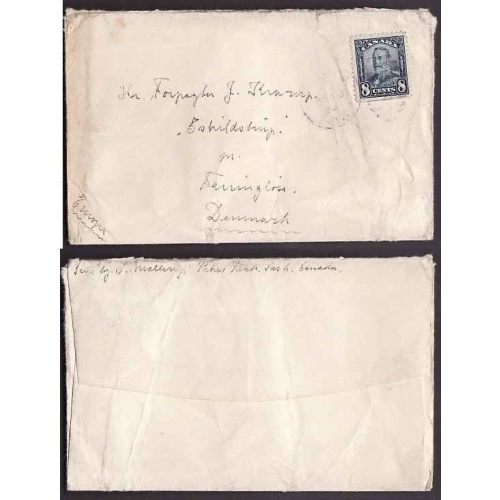 Canada-#9471 -   8c KGV scroll to Denmark - ? , Sask - ? 10 1930 - 8c franking pays