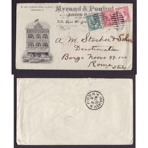 Canada-cover #14230- 2c(2)+1c-Advert-UPU rate to Italy-Quebec-Ap 26 1910-