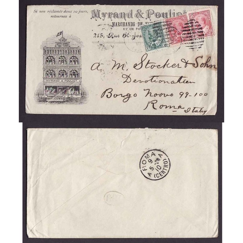 Canada-cover #14230- 2c(2)+1c-Advert-UPU rate to Italy-Quebec-Ap 26 1910-