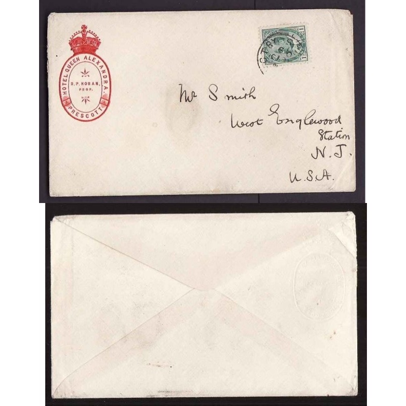 Canada-cover #14114-1c-3rd class-back unsealed-Hotel Queen Alexandra advert