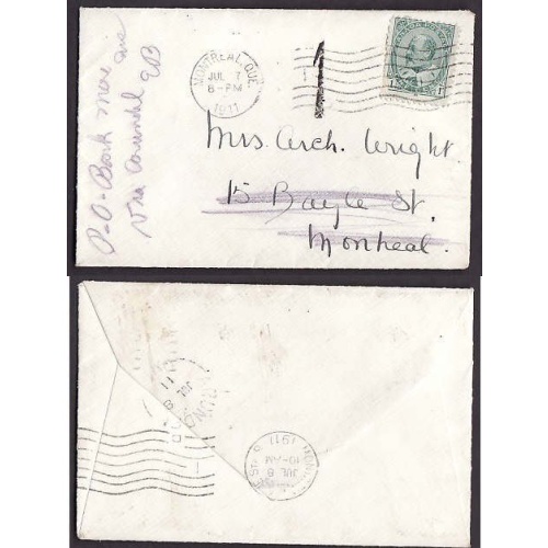 Canada-cover #10143-1c Edward-drop letter-Montreal,Que-Jul 7 1911-re-directed