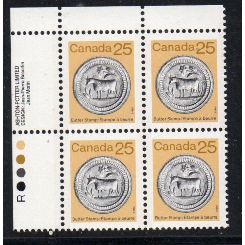 Canada Sc 1080 1987 25c Butter stamp UL Inscription Bl of 4 mint NH