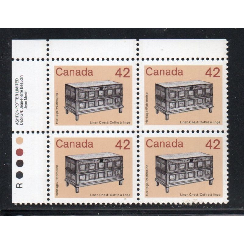 Canada Sc 1081 1987 42c Linen Chest UL Inscription Bl of 4 mint NH