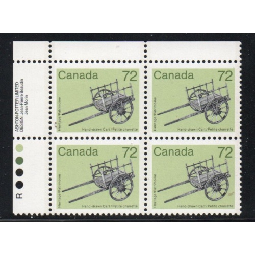 Canada Sc 1083 1987 72c Hand Drawn Cart UL Inscription Bl of 4 mint NH