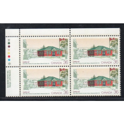 Canada Sc 1123 1987 36c Nelson-Miramichi P.O. stamp UL Inscription Bl of 4 mint NH