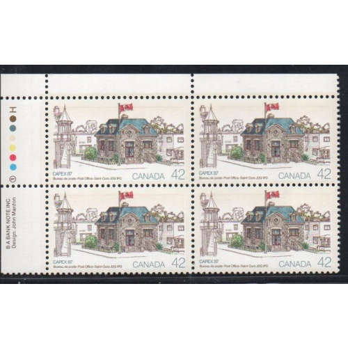 Canada Sc 1124 1987 42c Saint-Ours P.O. stamp UL Inscription Bl of 4 mint NH