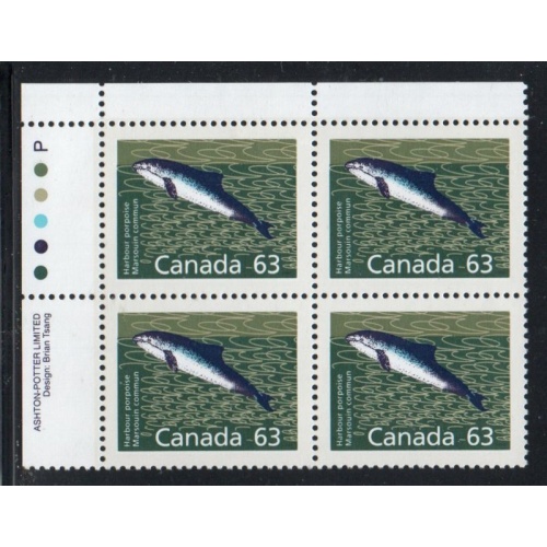 Canada Sc 1176 1990 63c Harbour Porpoise  UL Inscription  Block of 4 mint NH