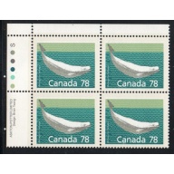 Canada Sc 1179 1990 78c Beluga Whale UL Inscription  Block of 4 mint NH