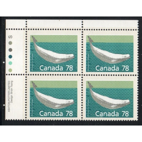 Canada Sc 1179 1990 78c Beluga Whale UL Inscription  Block of 4 mint NH