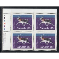 Canada Sc 1180 1990 80c Peary Caribou  UL Inscription  Block of 4 mint NH