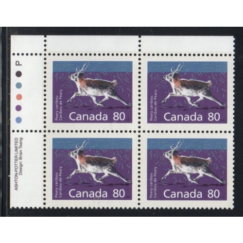 Canada Sc 1180 1990 80c Peary Caribou  UL Inscription  Block of 4 mint NH