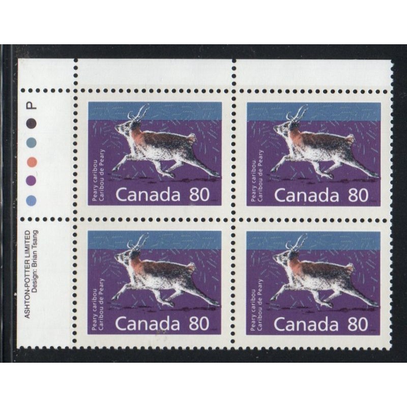 Canada Sc 1180 1990 80c Peary Caribou  UL Inscription  Block of 4 mint NH