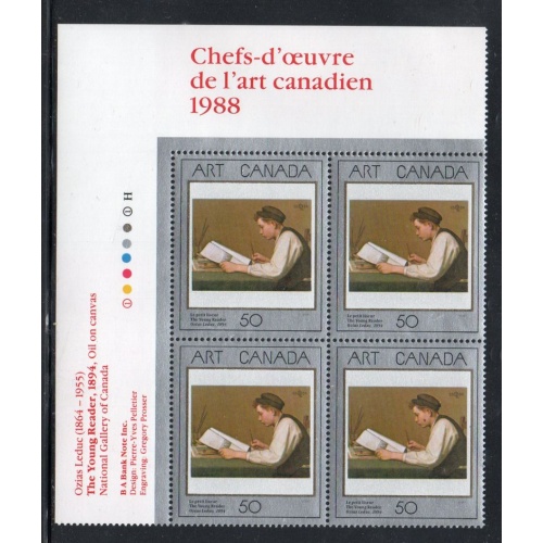 Canada Sc 1203 1988 50 c Art stamp UL Inscription  Block of 4 mint NH