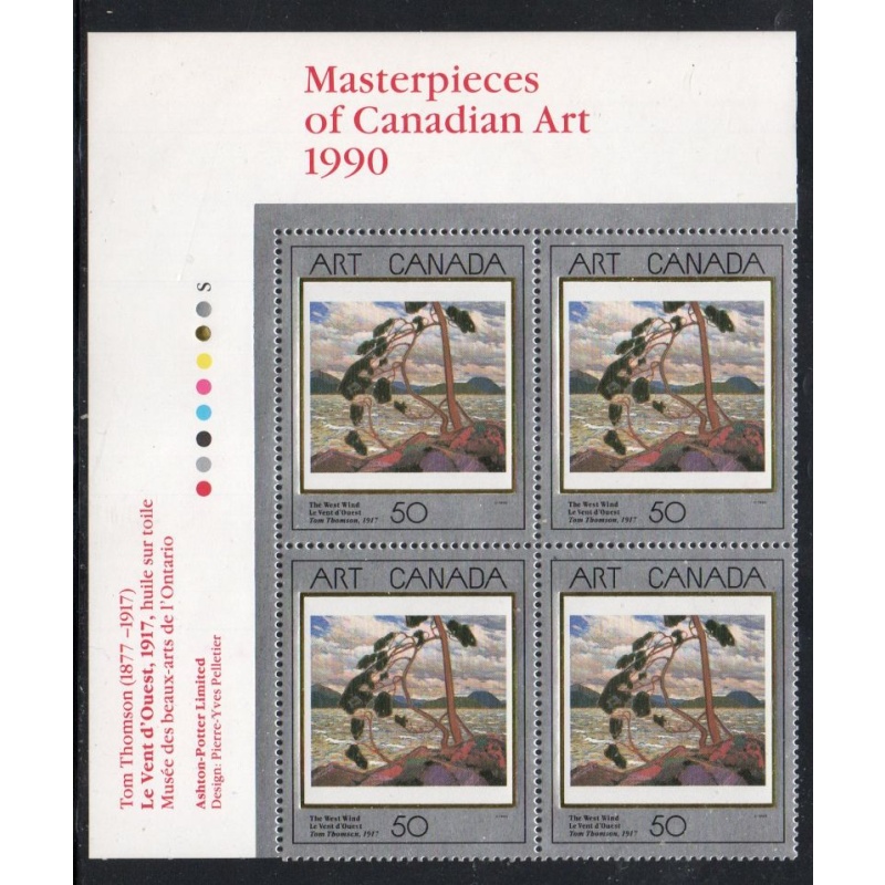 Canada Sc 1271 1990 50 c Art stamp UL Inscription  Block of 4 mint NH