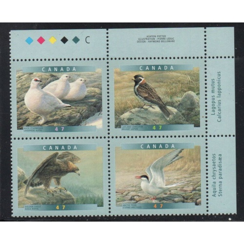 Canada Sc 1889a 2001 Birds of Canada UR Inscription  Block of 4 mint NH