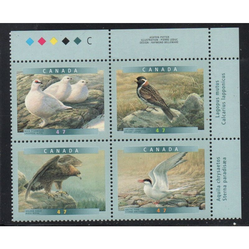 Canada Sc 1889a 2001 Birds of Canada UR Inscription  Block of 4 mint NH