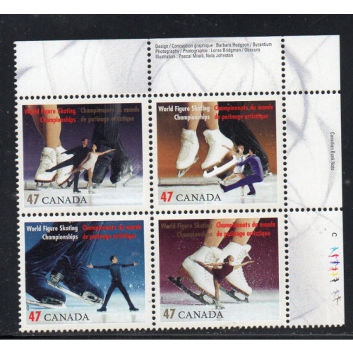 Canada Sc 1899a 2001 Figure Skating UR Inscription  Block of 4 mint NH