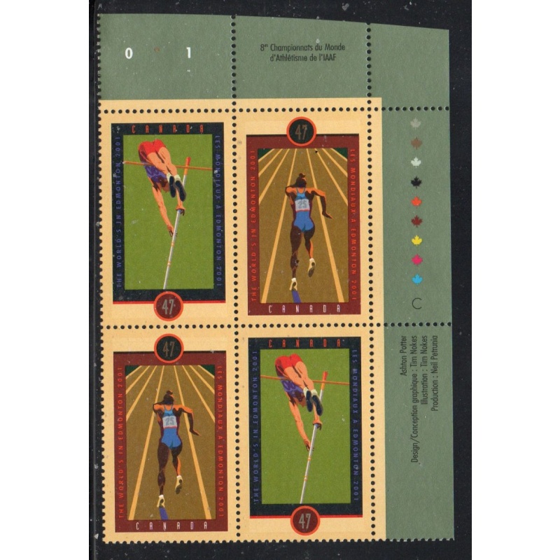 Canada Sc 1908a 2001 IAAF Championships UR Inscription  Block of 4 mint NH