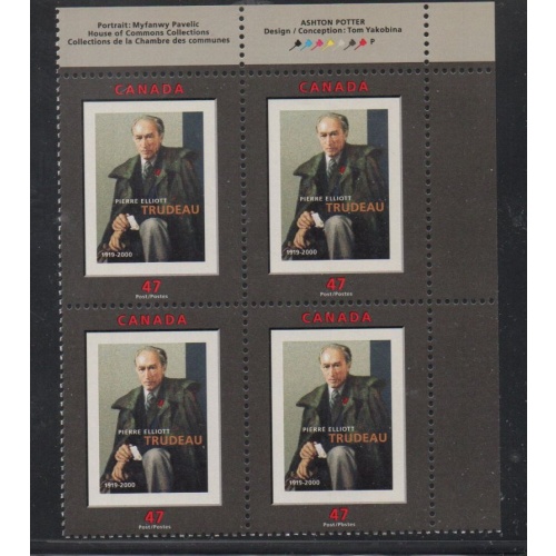 Canada Sc 1909 2001 Pierre Trudeau UR Inscription  Block of 4 mint NH