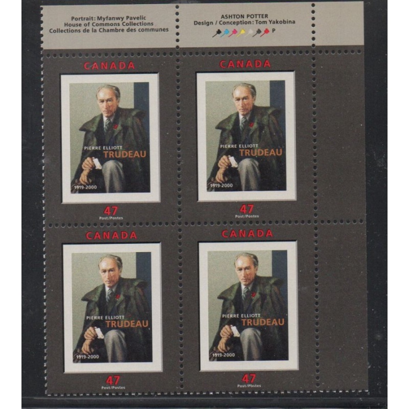 Canada Sc 1909 2001 Pierre Trudeau UR Inscription  Block of 4 mint NH