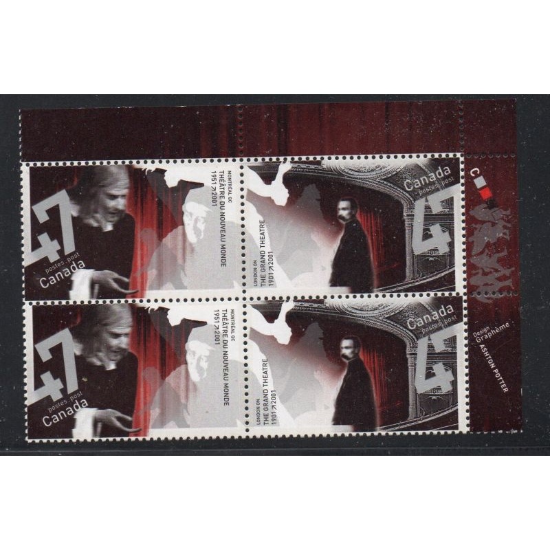 Canada Sc 1920a 2001 Theatres UR Inscription  Block of 4 mint NH