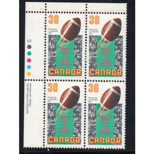 Canada Sc 1154 1987 36c Grey Cup Anniversary UL Inscription  Block of 4 mint NH